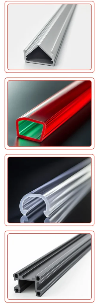 A collage of four different aluminum profiles with varied shapes and colors.