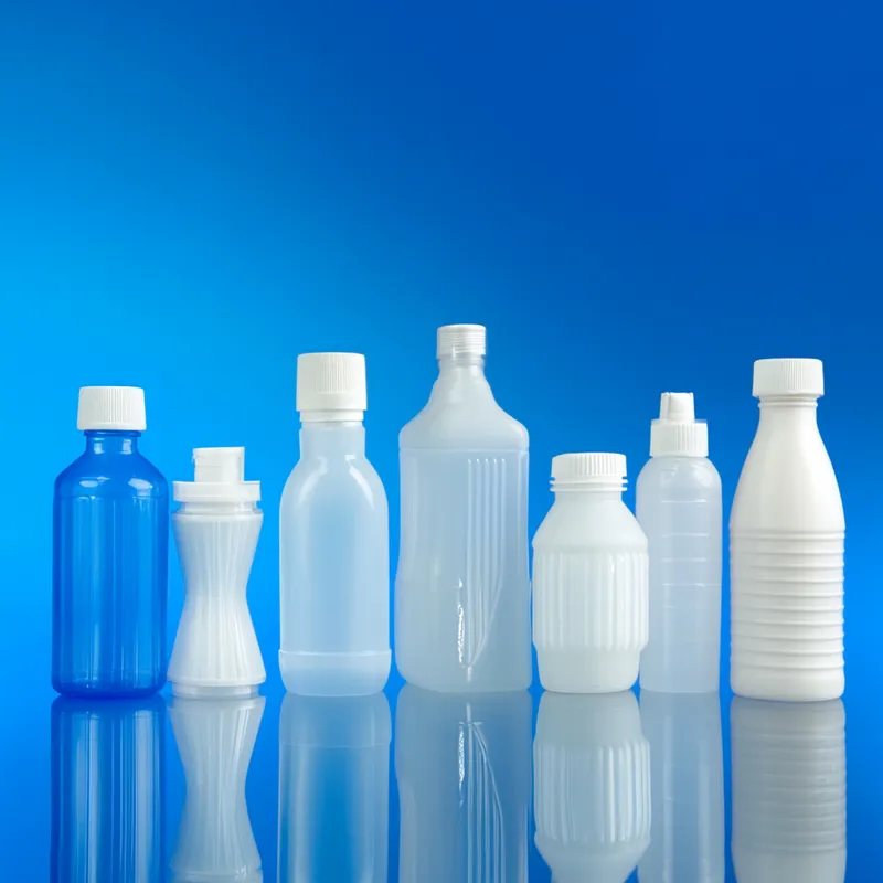 A variety of plastic bottles of different shapes and sizes on a reflective surface against a blue background.