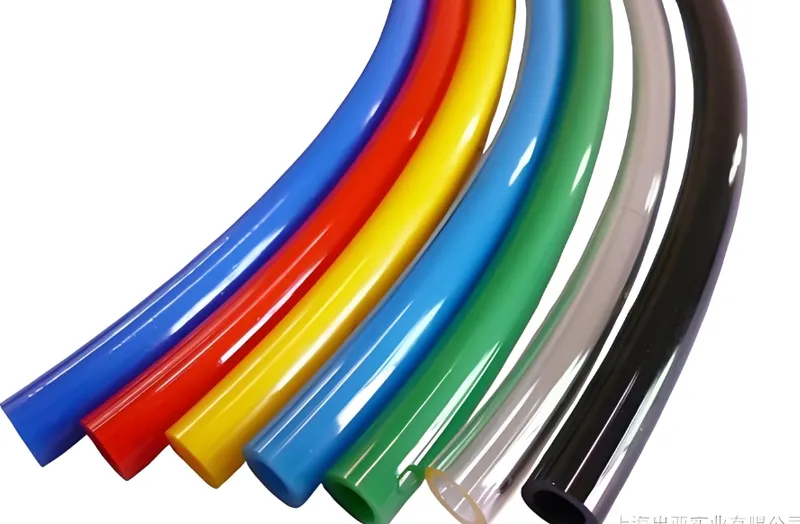 A set of seven colorful plastic tubes in blue, red, yellow, light blue, green, transparent, and black