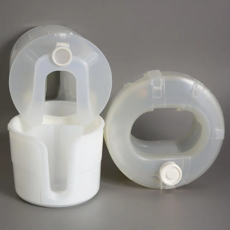 Two collapsible plastic water containers with spouts, one folded and one unfolded.