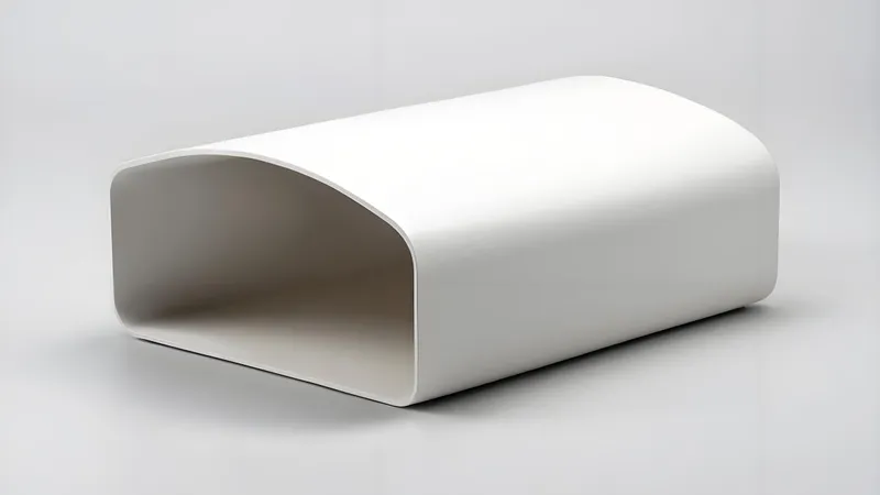 A minimalist, white, rectangular object with a rounded open end, resembling a modern architectural structure or art piece.