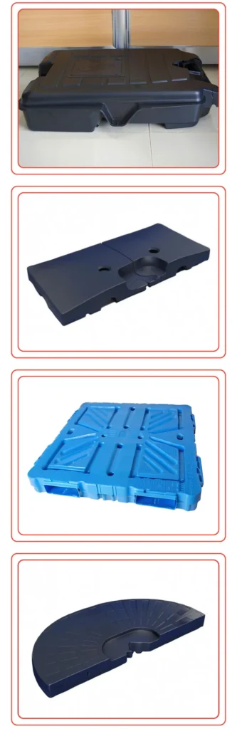 Four types of plastic bases, including a black rectangular base, a dark blue rectangular base, a blue square base, and a half-moon shaped base.