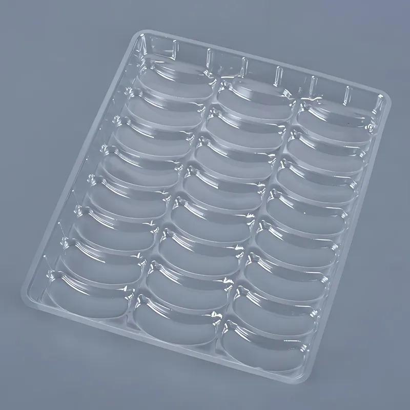 작은 물건을 보관할 수 있는 여러 개의 칸이 있는 투명한 플라스틱 블리스터 트레이입니다.
