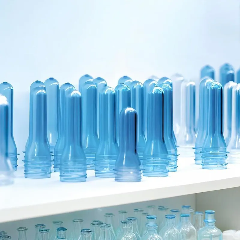 A collection of blue plastic bottle preforms displayed on a shelf.