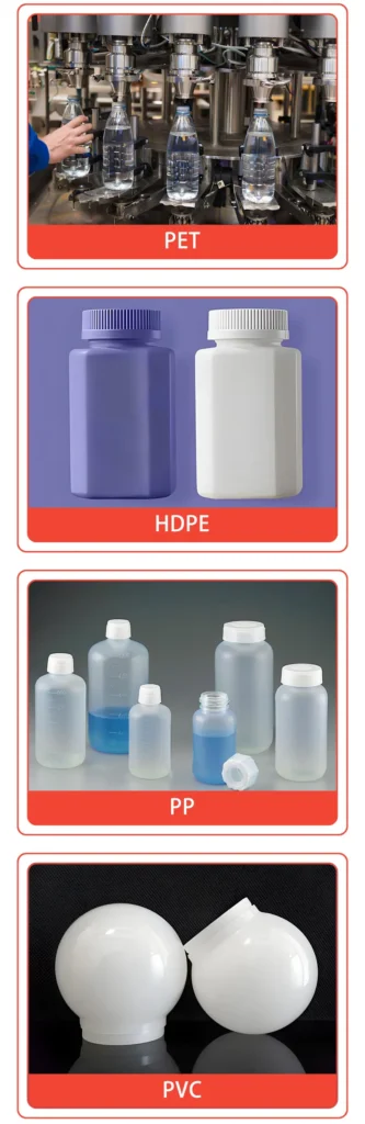 Various types of plastic bottles including PET, HDPE, PP, and PVC.