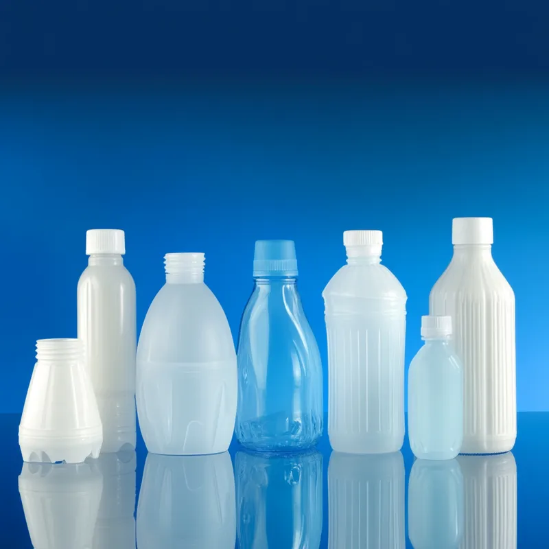 Various empty plastic bottles of different shapes and sizes lined up against a blue background.