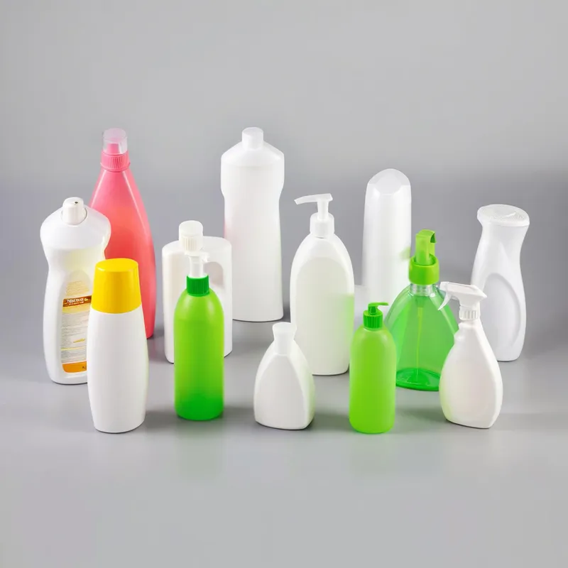 A collection of various white and green plastic bottles on a plain grey background.