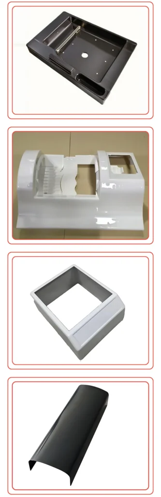 A collection of different plastic molding parts including trays and covers, each with unique shapes and designs.