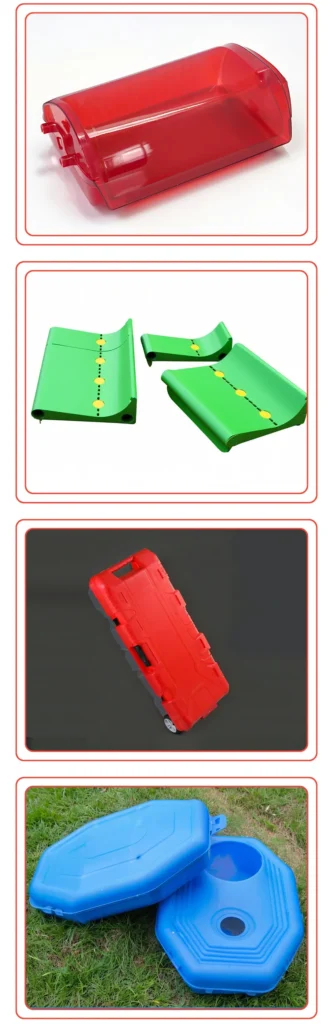 Various plastic molds and cases in red, green, and blue colors.