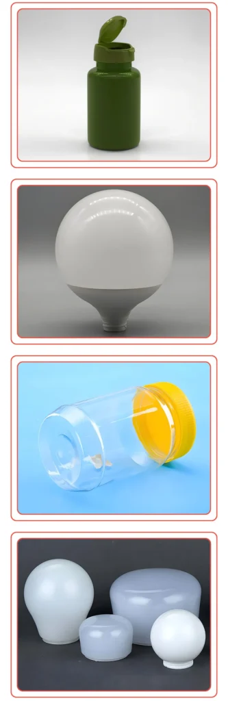 A series of images displaying various plastic items including a green bottle, a white bulb-shaped object, a transparent container with a yellow lid, and multiple white plastic covers.
