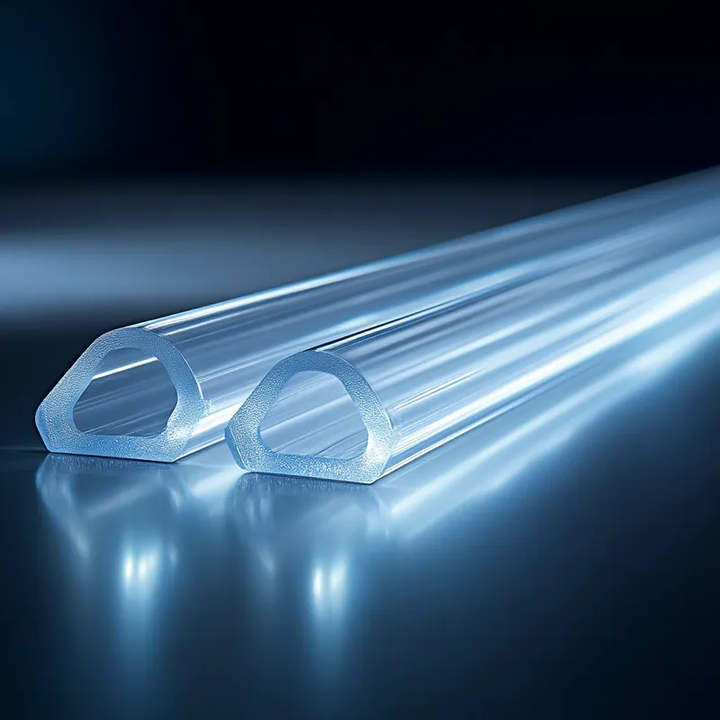 Close-up image of two transparent Plexiglas rods with a unique triple profile design, set against a dark background.