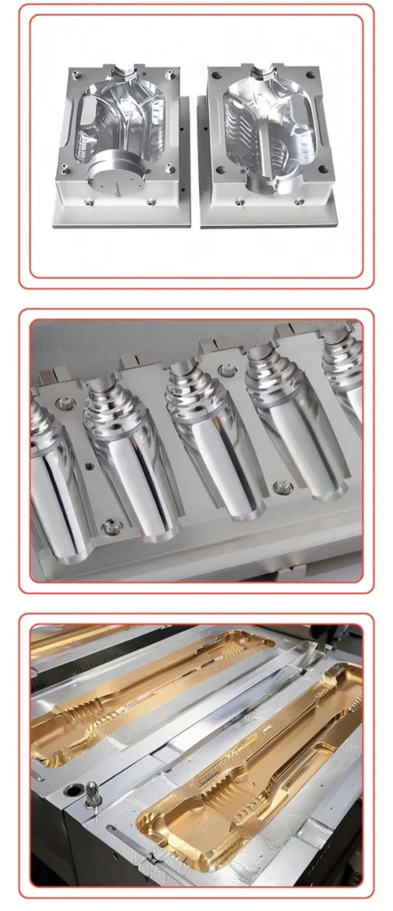 Various metal molds showing detailed designs used in manufacturing processes.