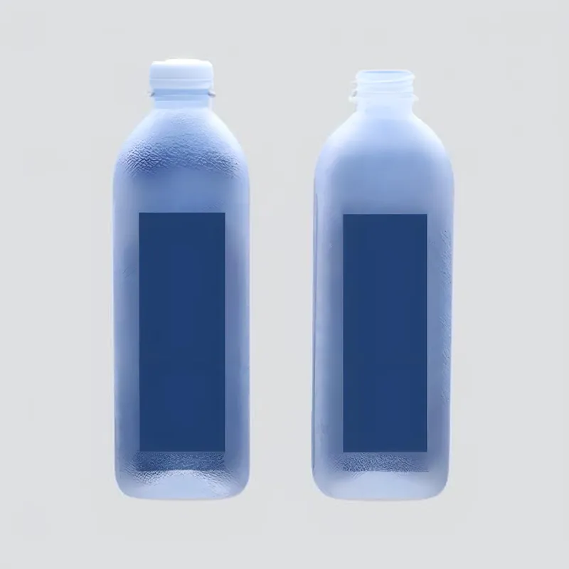 Two translucent plastic bottles, one with a cap and one without, standing side by side.