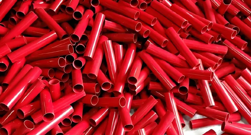 Tumpukan tabung plastik merah yang tersebar secara acak