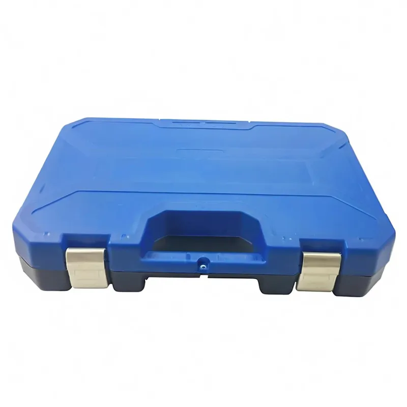 A closed blue plastic toolbox with latches.