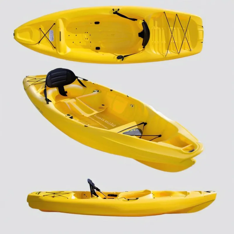Three views of a yellow kayak with a black seat and bungee cords.