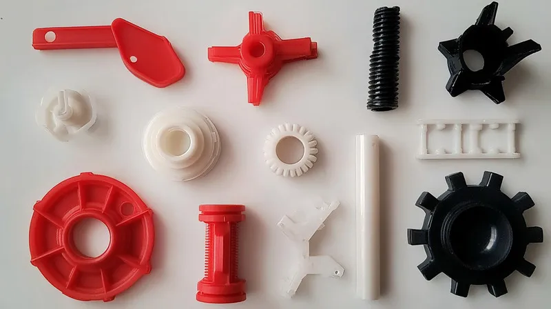 A collection of assorted plastic parts in various shapes and colors, including red, white, and black pieces, arranged on a flat surface