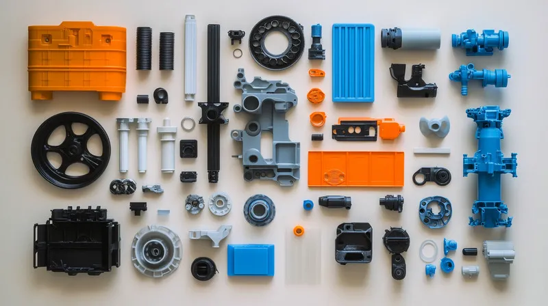 An assortment of brightly colored industrial components arranged neatly on a flat surface. The pieces are in various shapes and shades of blue, orange, black, and gray