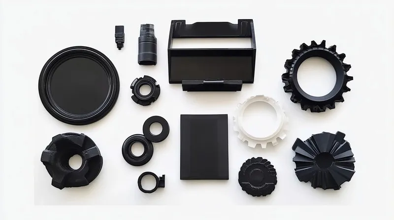 A collection of various black and white mechanical parts arranged on a flat surface