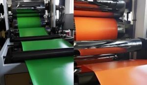 A machine processing green and orange sheets.