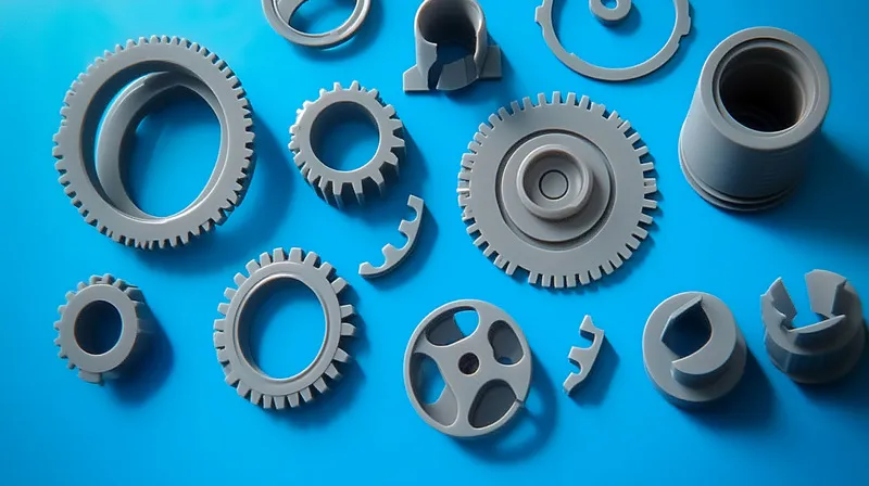 Various grey mechanical gears on a blue surface