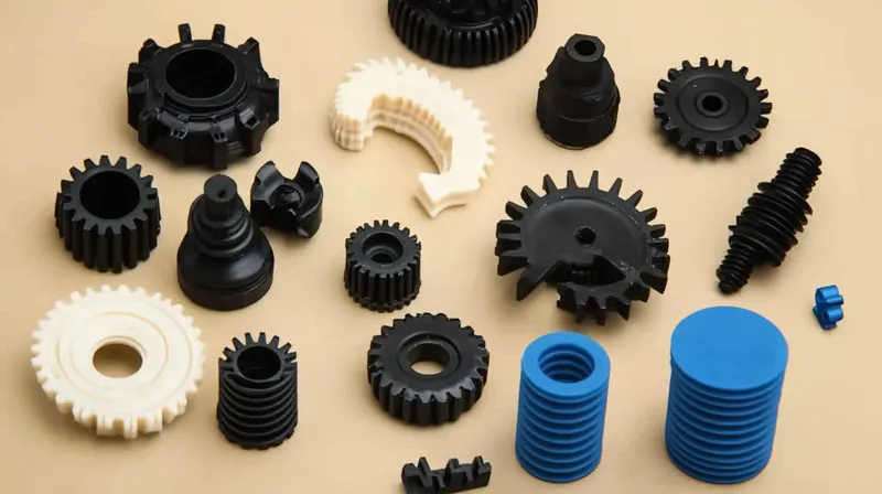 A collection of various plastic gears and mechanical components in black, white, and blue