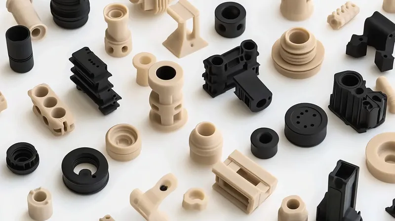 Various black and beige plastic mechanical parts on a white background