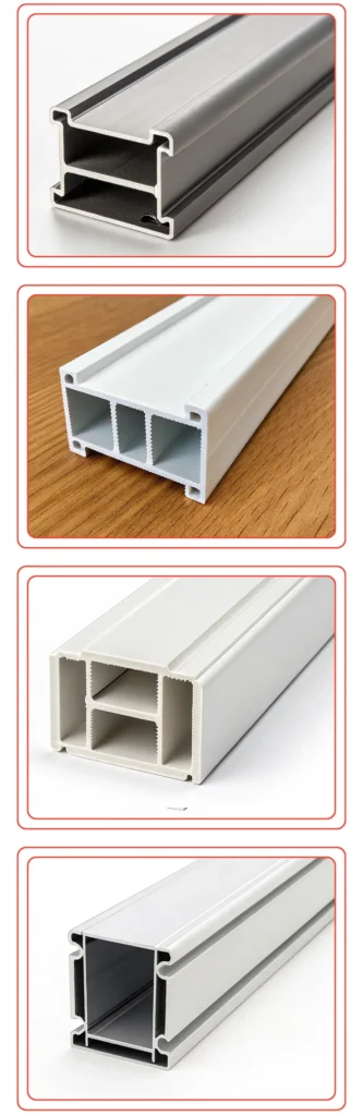 Various aluminum extrusion profiles with different cross-sectional shapes.