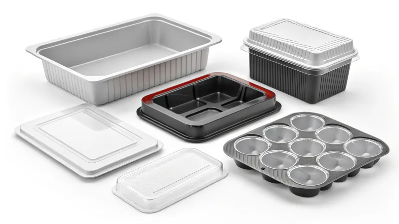 A selection of various aluminum food containers including a rectangular tray, muffin tin, compartment tray, and lidded containers