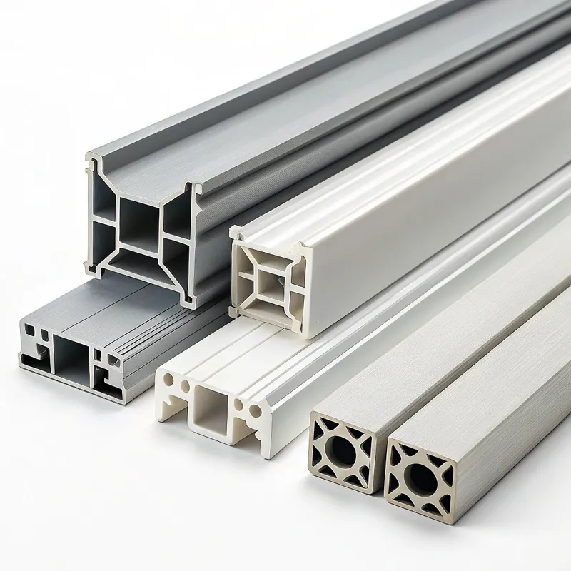 Various aluminum profile extrusions in different shapes and sizes.