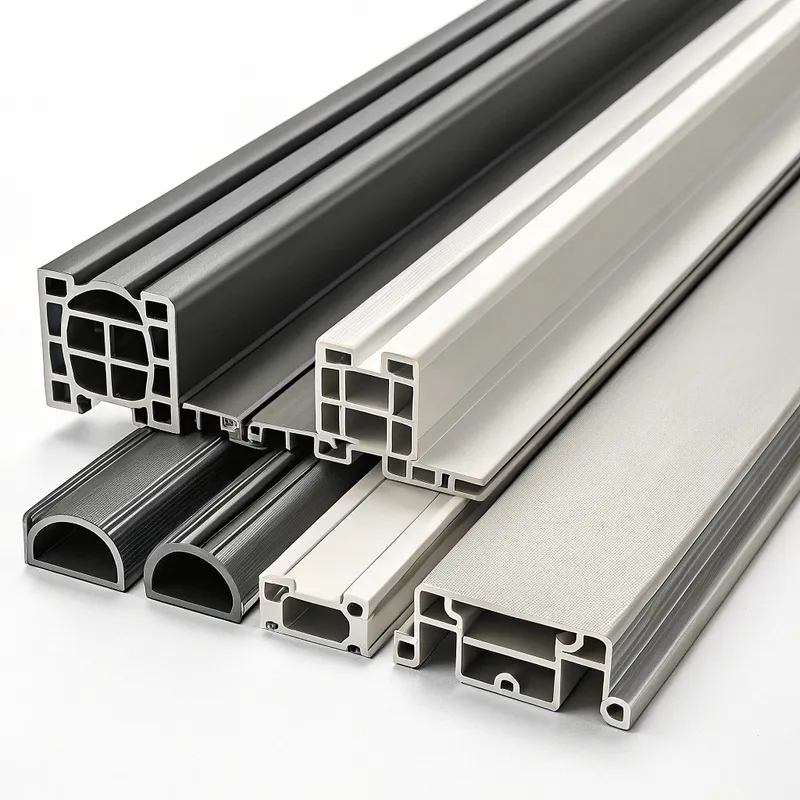 Various shapes of aluminum profile extrusions in different colors and designs.