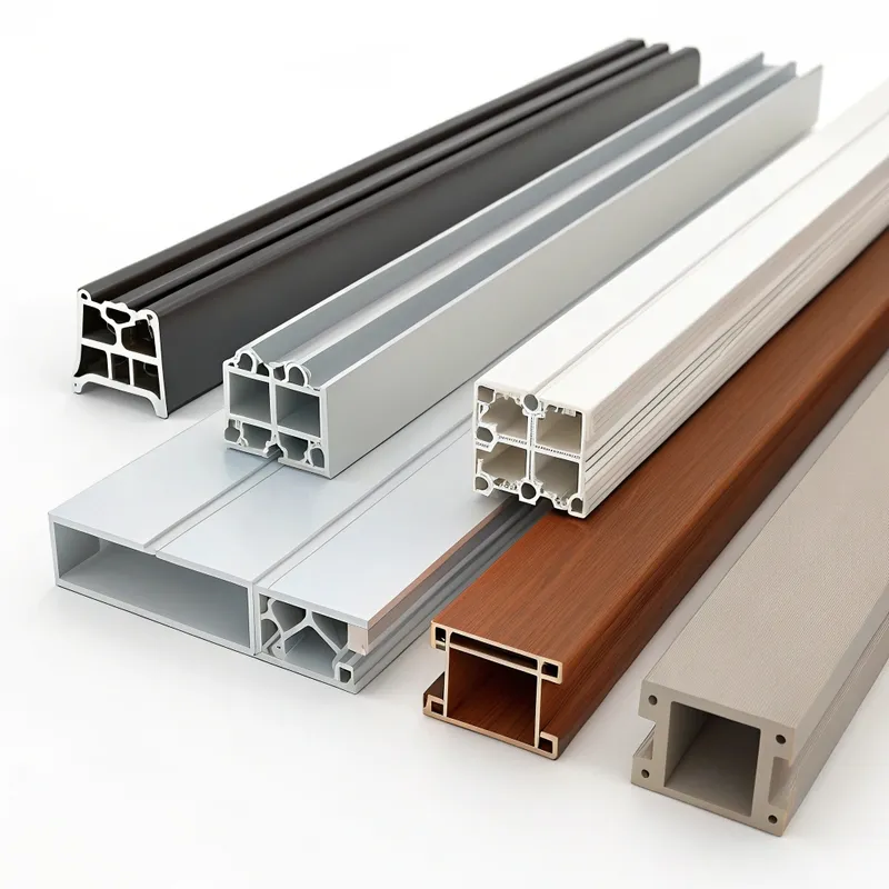 Various types of aluminum profiles in different colors and shapes arranged on a surface.