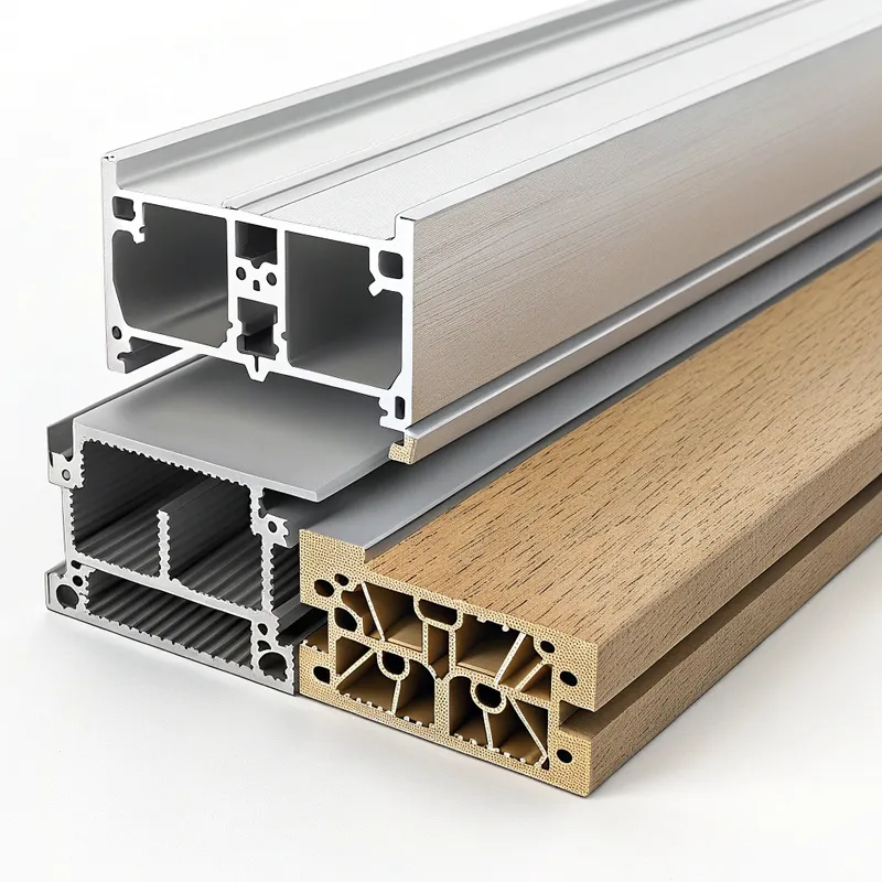 Various aluminum profiles in different designs and colors stacked together.