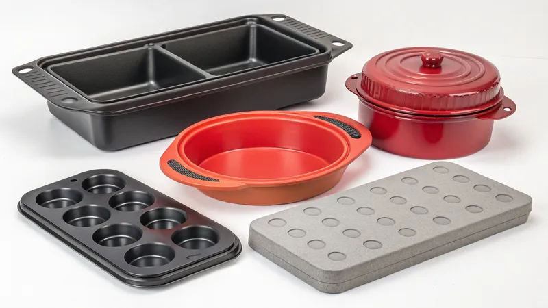 A collection of various bakeware items including a loaf pan, muffin tray, round pan, and covered dish