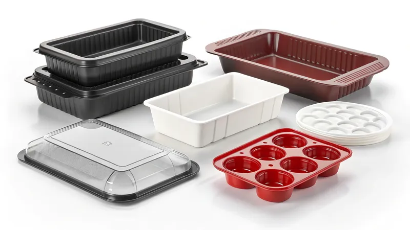 Various baking trays and pans in different shapes and colors, including a muffin pan and lids