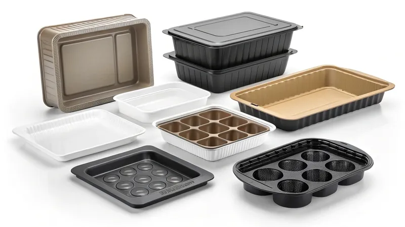 Various shapes and sizes of baking trays and pans including muffin trays and rectangular pans in different colors