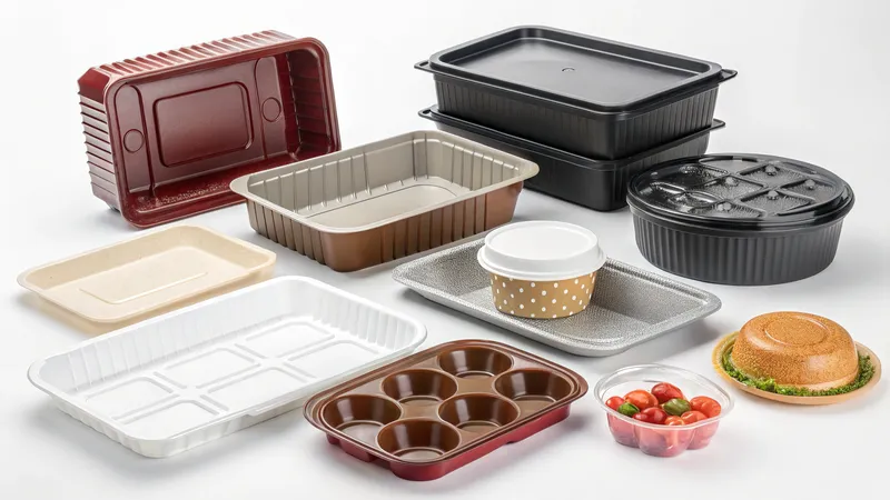 A variety of empty disposable food containers including trays, muffin tins, and a cup with a lid, displayed on a white surface