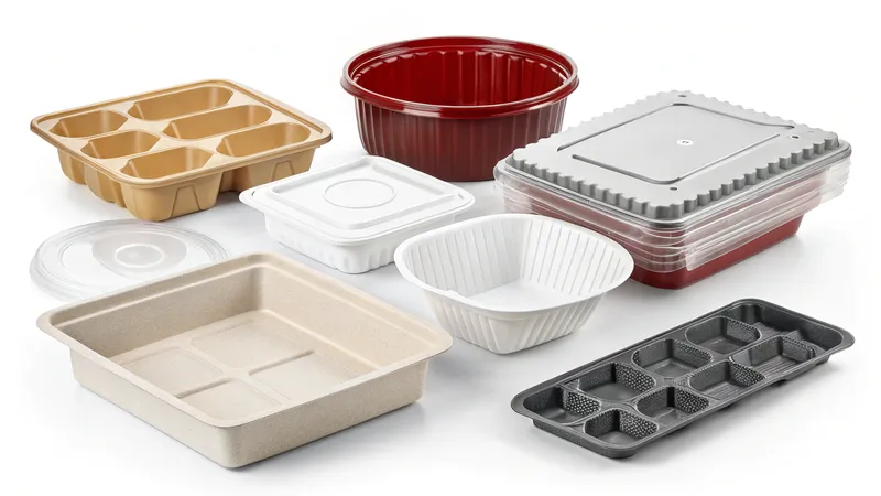 Koleksi berbagai wadah makanan dalam berbagai bentuk dan warna, termasuk desain bulat, persegi, dan persegi panjang yang terbuat dari plastik dan bahan lainnya