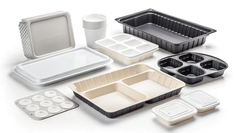 A variety of disposable food containers and trays in different shapes and sizes