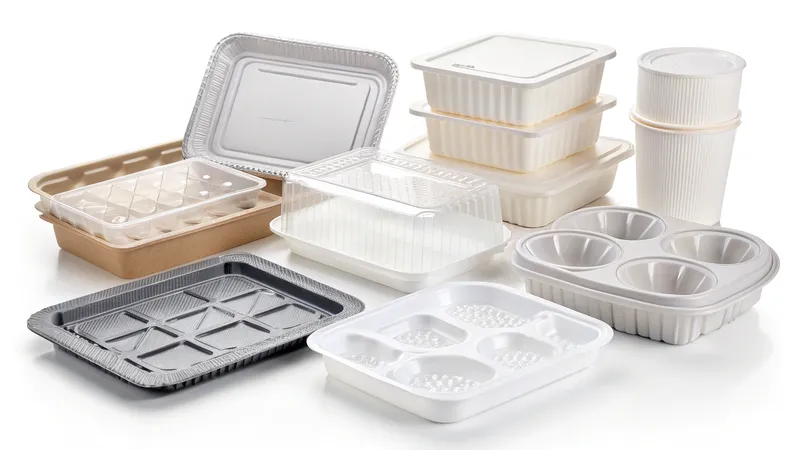 Various types of disposable food containers including plastic, aluminum, and paper types, arranged on a white background