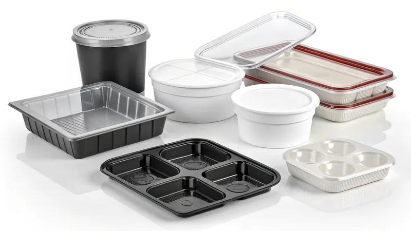 A variety of disposable food containers including black and white plastic trays, round bowls with lids, and aluminum containers