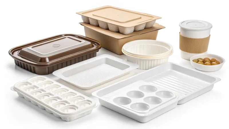 A variety of food containers including trays, bowls, and a cup displayed together