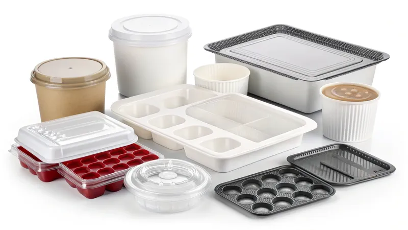 Various types of food containers and packaging including plastic cups, takeout containers, and trays