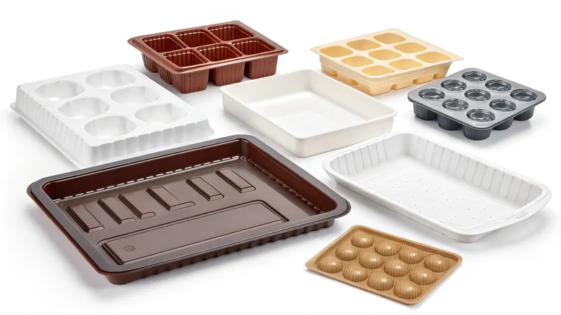 A variety of empty plastic bakery trays in different shapes and colors
