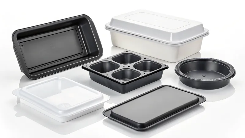 Various black and white food containers and trays in different shapes and sizes