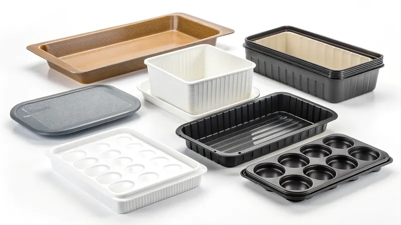 Various types of rectangular baking trays and molds including muffin and loaf pans