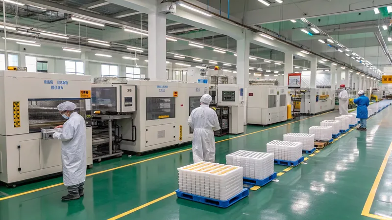 Workers in protective clothing operating machinery in a battery production factory