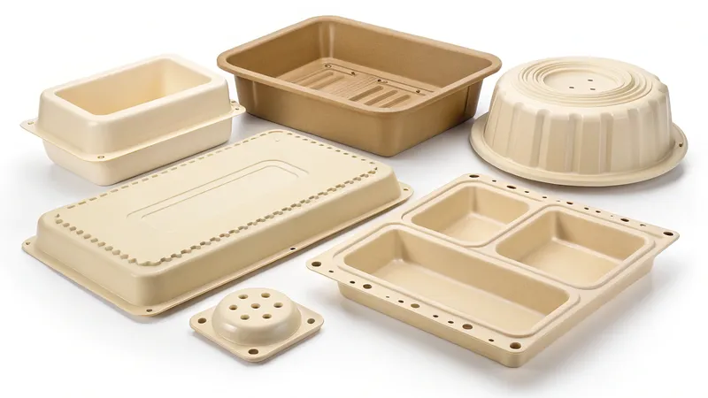 A variety of biodegradable food containers in different shapes and sizes