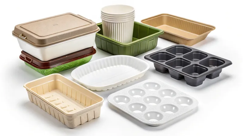 A variety of biodegradable food containers and trays in different shapes and colors