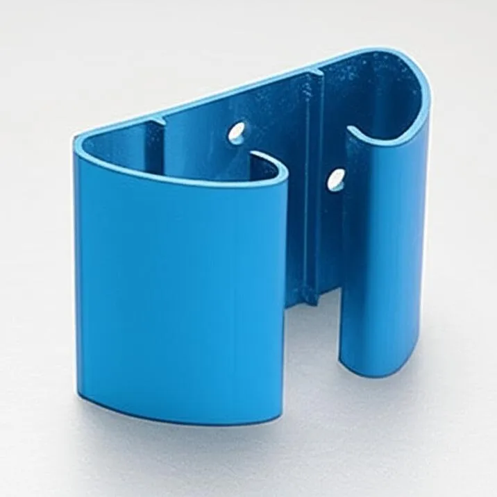 A blue metal clip with a curved design and mounting holes on the back.